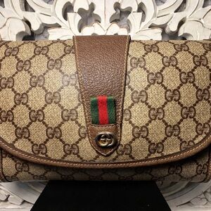 Gucci GG Supreme Web Stripe Clutch Wallet Crossbody Brown Vintage